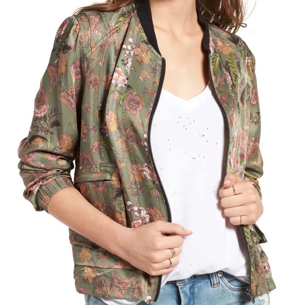 Blank NYC Floral Olive Green Satin Bomber Jacket L